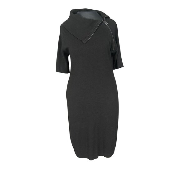 Calvin Klein Black Knit Asymmetrical Zipper Dress Womens M Acrylic Short Sleeve - Picture 1 of 7